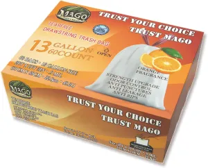 MAGO FAMILY MAGIC Trash Bags, Super Strong Tall Kitchen Drawstring Garbage Bags 13 Gallon, White Trash Bag for Kitchen & Household Waste, Tear-Free Design, Orange Scent, 120 Count (Pack of 2)