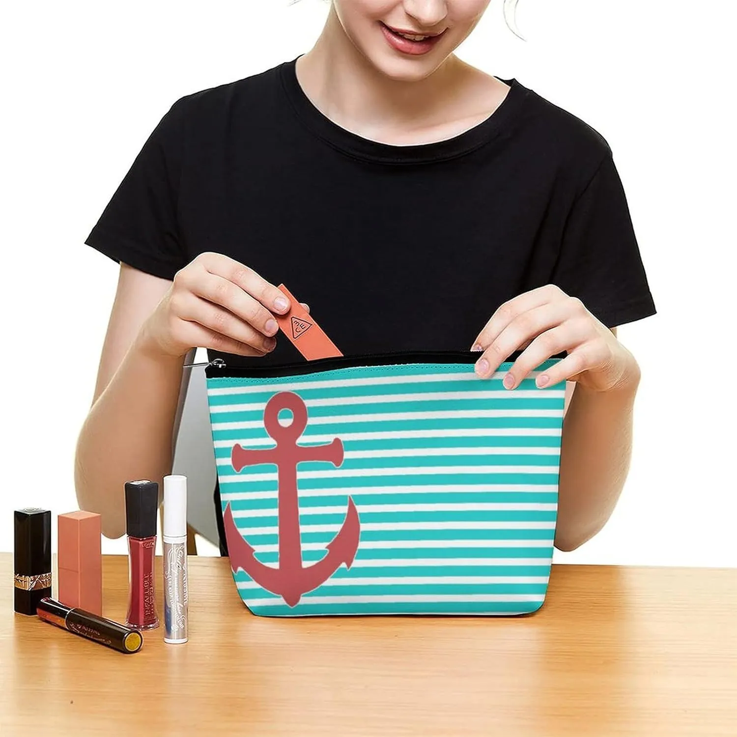 Makeup Bag for Women, Adorable Roomy Zipper Pouch Portable Organizer Cosmetic Bag Travel Storage Accessories (Stylish Anchor and Stripes)