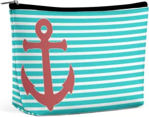 Makeup Bag for Women, Adorable Roomy Zipper Pouch Portable Organizer Cosmetic Bag Travel Storage Accessories (Stylish Anchor and Stripes)