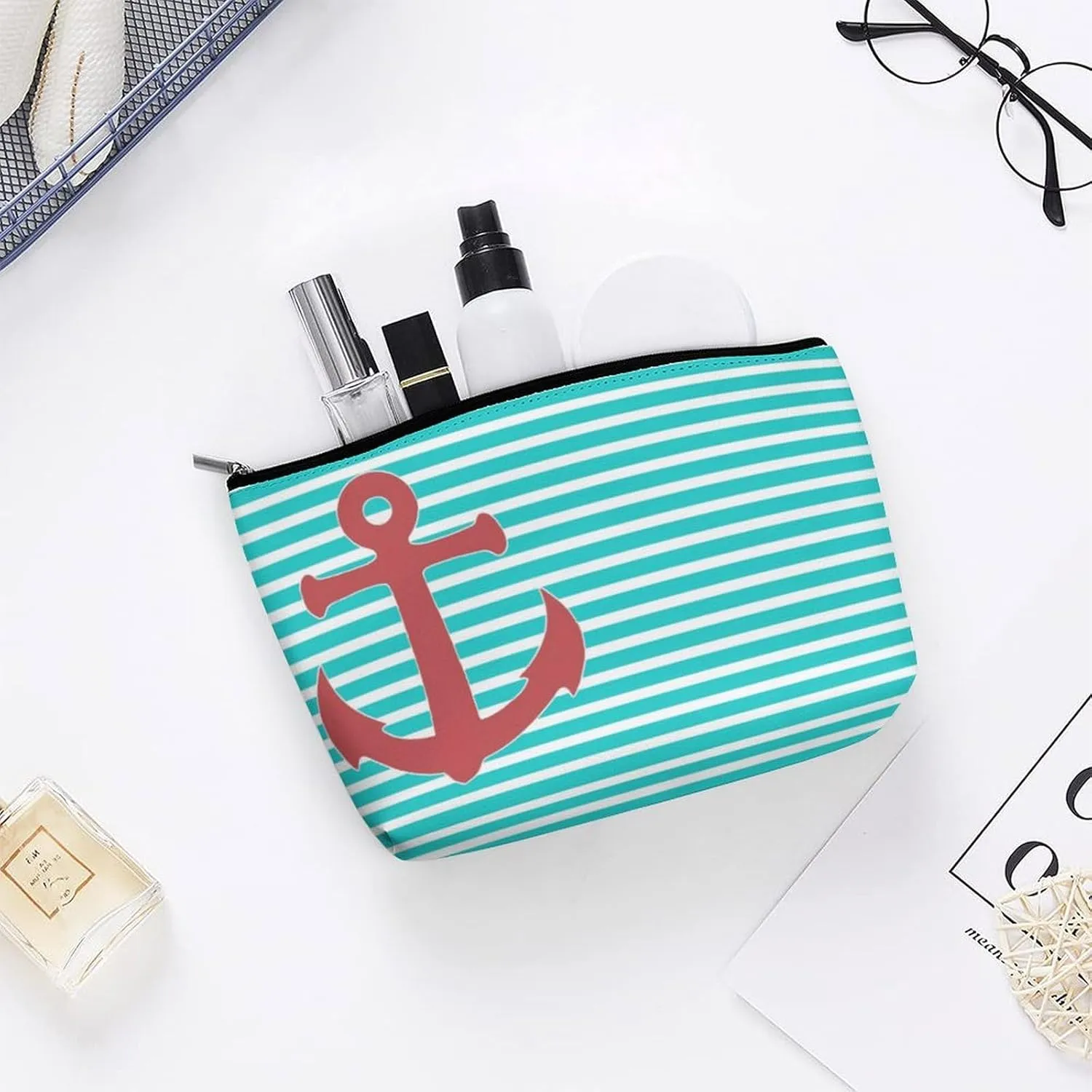 Makeup Bag for Women, Adorable Roomy Zipper Pouch Portable Organizer Cosmetic Bag Travel Storage Accessories (Stylish Anchor and Stripes)