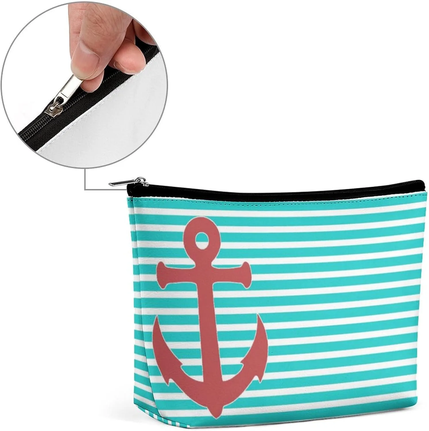 Makeup Bag for Women, Adorable Roomy Zipper Pouch Portable Organizer Cosmetic Bag Travel Storage Accessories (Stylish Anchor and Stripes)