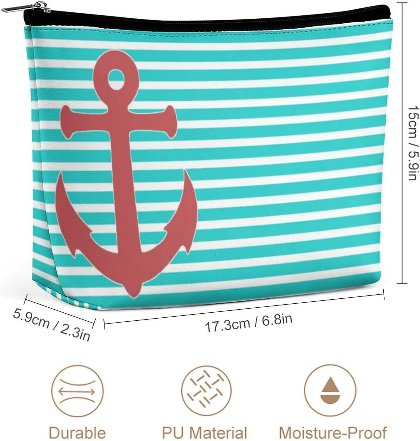 Makeup Bag for Women, Adorable Roomy Zipper Pouch Portable Organizer Cosmetic Bag Travel Storage Accessories (Stylish Anchor and Stripes)