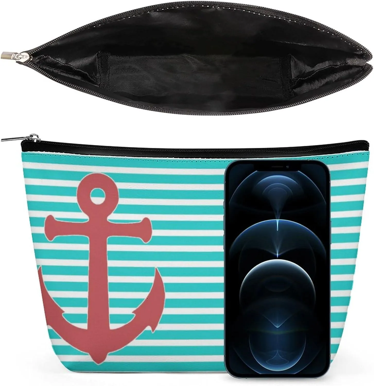 Makeup Bag for Women, Adorable Roomy Zipper Pouch Portable Organizer Cosmetic Bag Travel Storage Accessories (Stylish Anchor and Stripes)