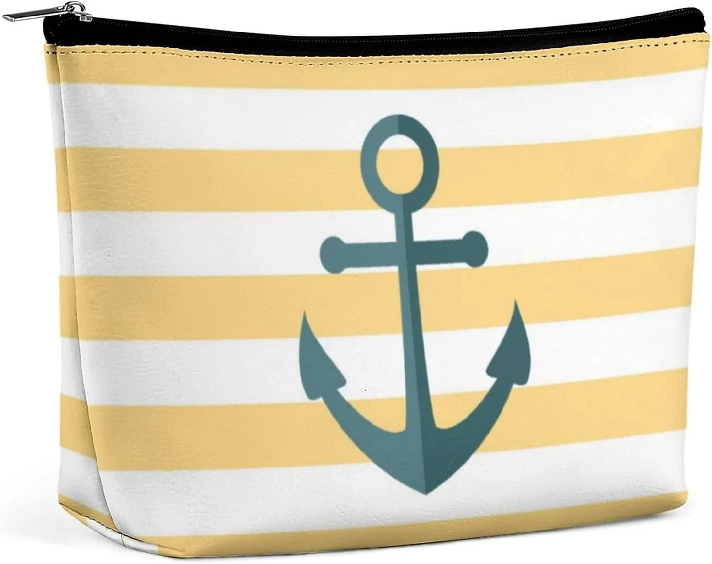 Makeup Bag for Women, Adorable Roomy Zipper Pouch Portable Organizer Cosmetic Bag Travel Storage Accessories (Yellow Stripes and Blue Anchor)