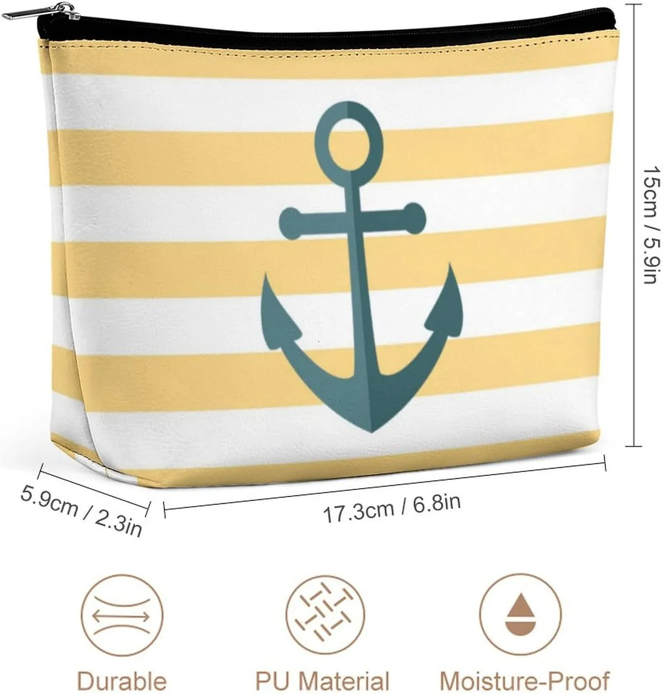 Makeup Bag for Women, Adorable Roomy Zipper Pouch Portable Organizer Cosmetic Bag Travel Storage Accessories (Yellow Stripes and Blue Anchor)