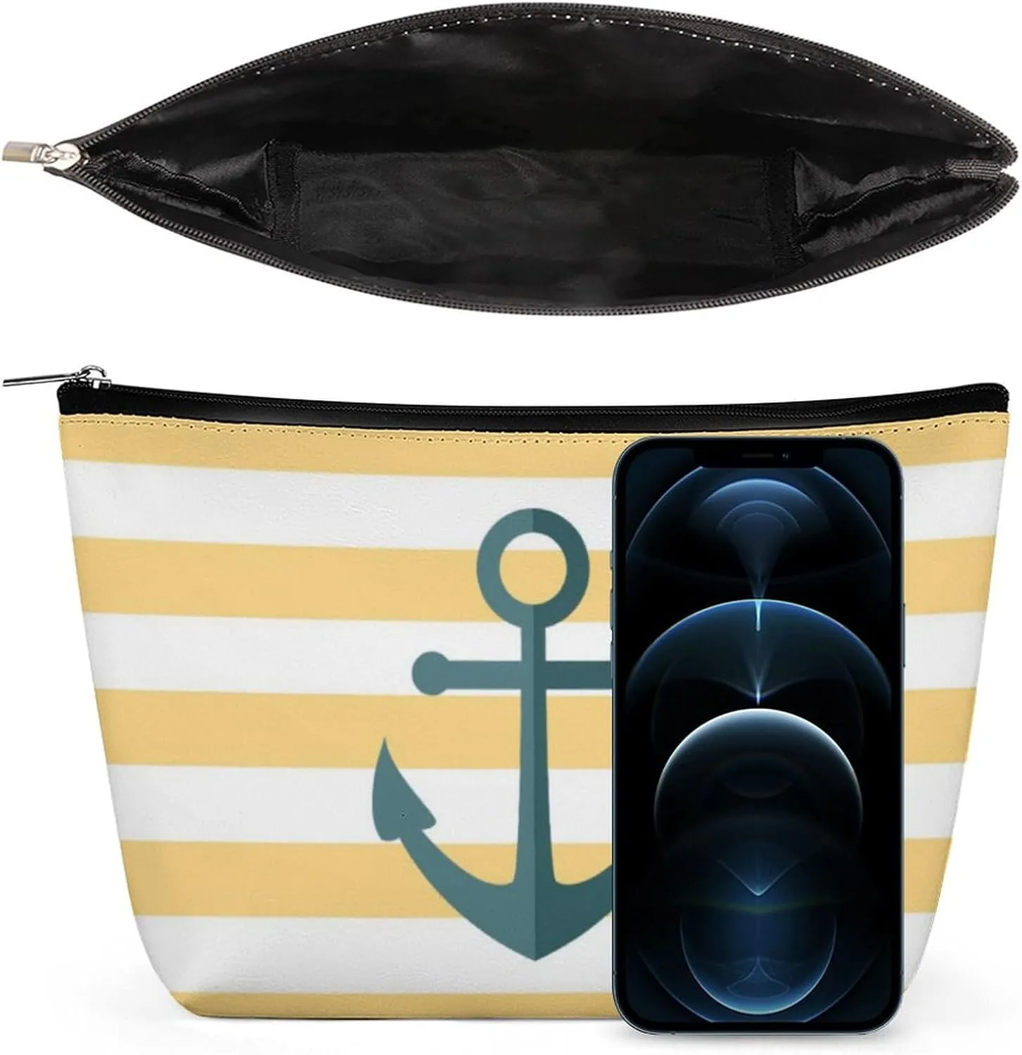 Makeup Bag for Women, Adorable Roomy Zipper Pouch Portable Organizer Cosmetic Bag Travel Storage Accessories (Yellow Stripes and Blue Anchor)