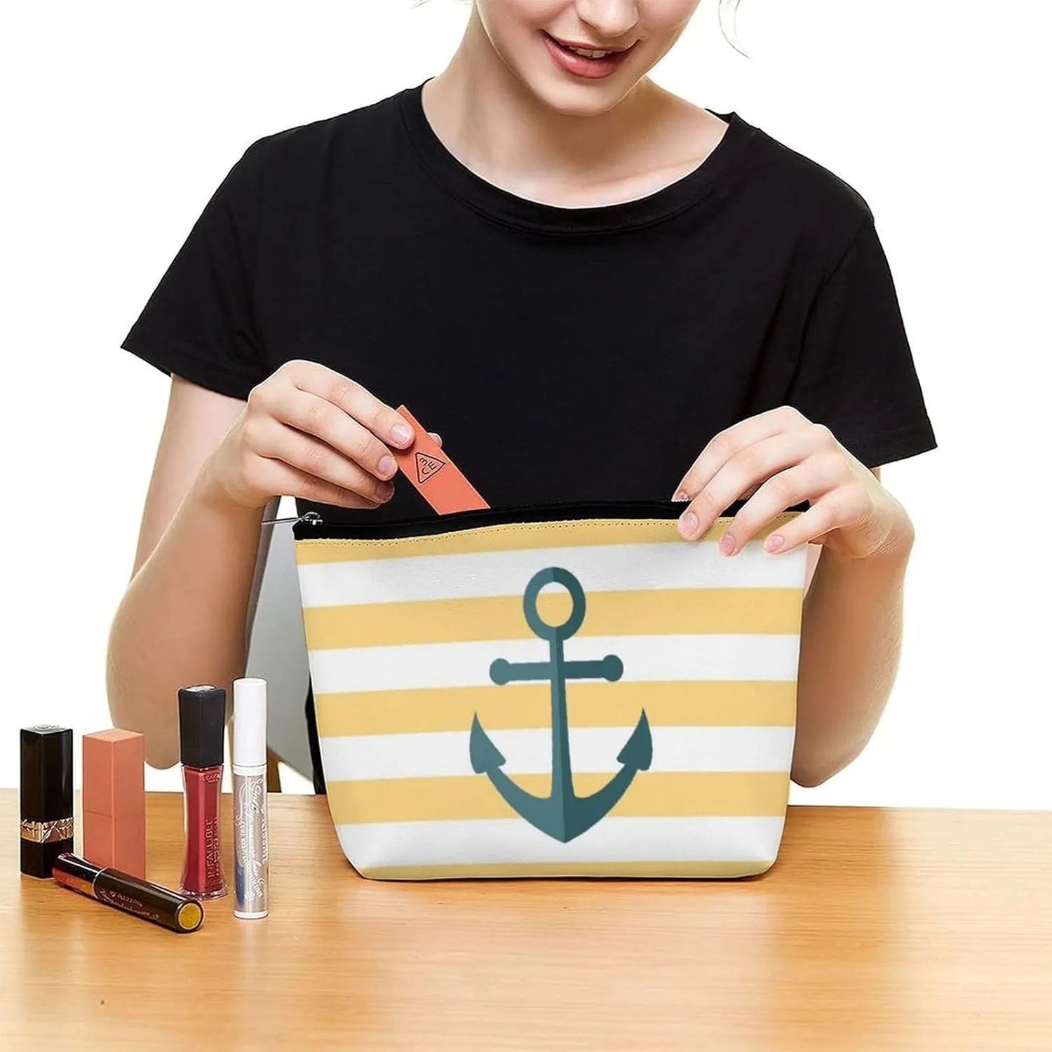Makeup Bag for Women, Adorable Roomy Zipper Pouch Portable Organizer Cosmetic Bag Travel Storage Accessories (Yellow Stripes and Blue Anchor)