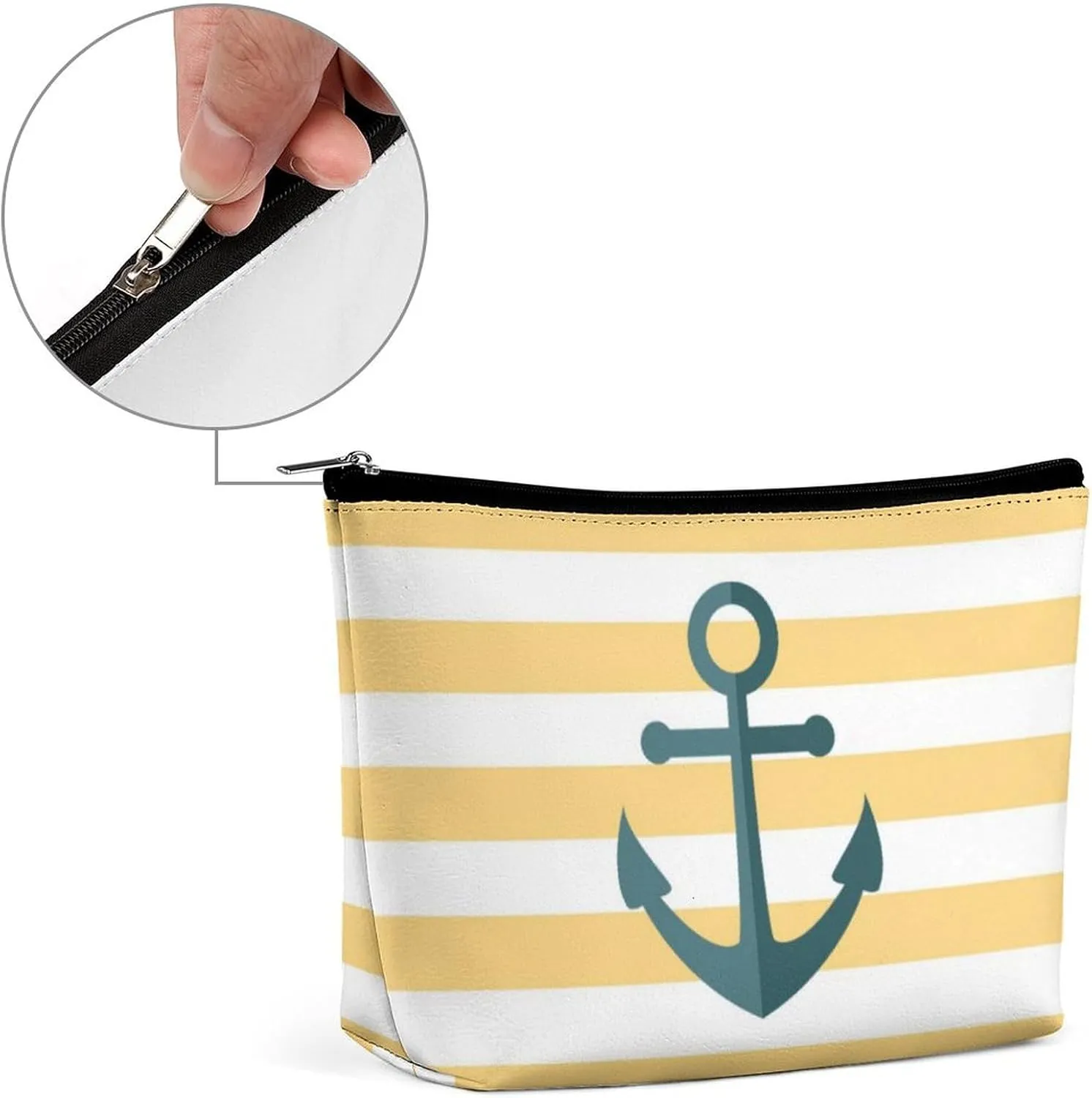 Makeup Bag for Women, Adorable Roomy Zipper Pouch Portable Organizer Cosmetic Bag Travel Storage Accessories (Yellow Stripes and Blue Anchor)