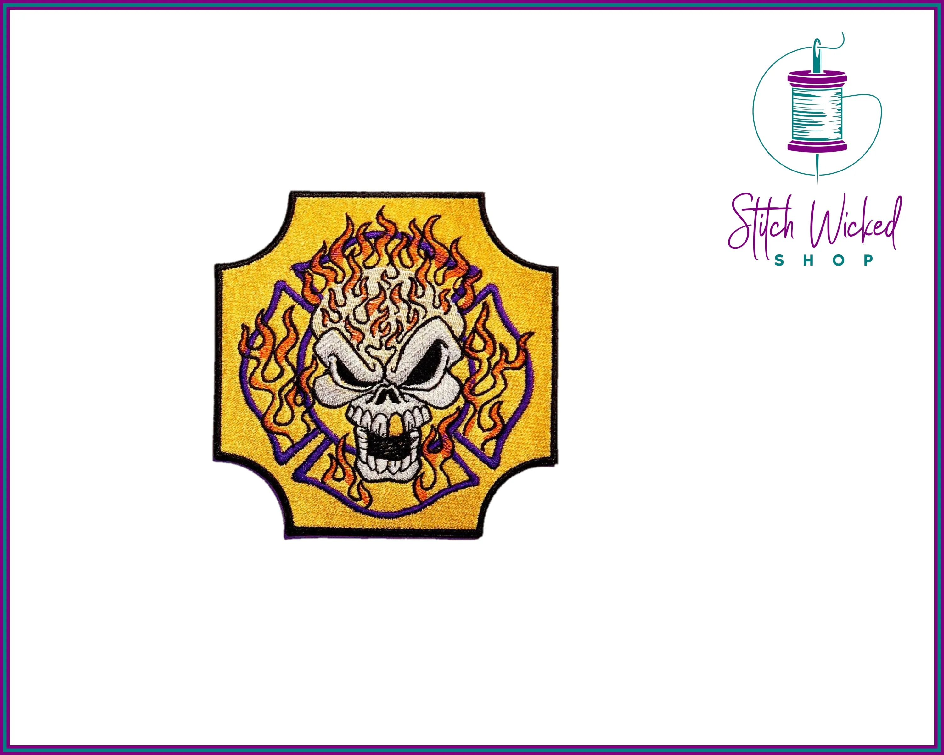 Maltese Cross Flame Skull, Fully Embroidered Patch