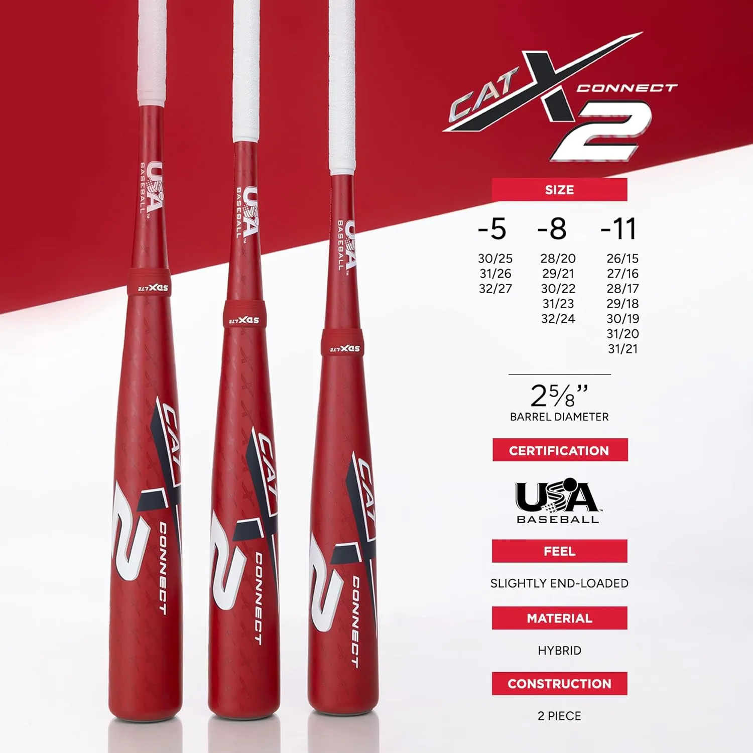 Marucci CATX2 Connect Baseball Bat, 2 5/8" Barrel, -5, -8, -11 Drop, USA, End-Loaded