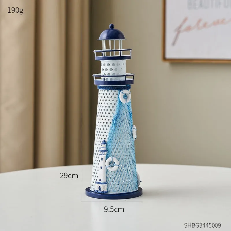 Mediterranean Style Nautical Ocean Flash Lighthouse Fishing Net Starfish Shell Metal Beacon Tower Paperweight Ornament Figurines