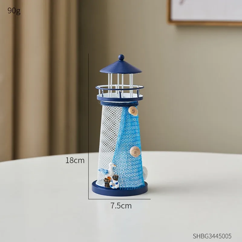 Mediterranean Style Nautical Ocean Flash Lighthouse Fishing Net Starfish Shell Metal Beacon Tower Paperweight Ornament Figurines