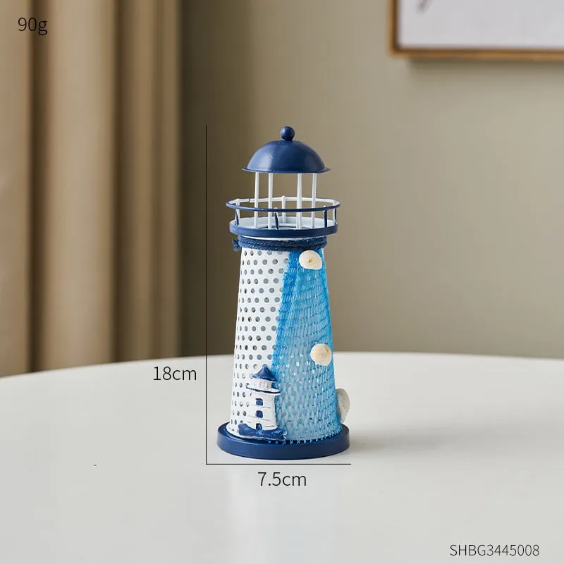 Mediterranean Style Nautical Ocean Flash Lighthouse Fishing Net Starfish Shell Metal Beacon Tower Paperweight Ornament Figurines