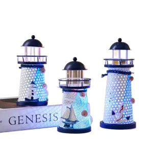 Mediterranean Style Nautical Ocean Flash Lighthouse Fishing Net Starfish Shell Metal Beacon Tower Paperweight Ornament Figurines