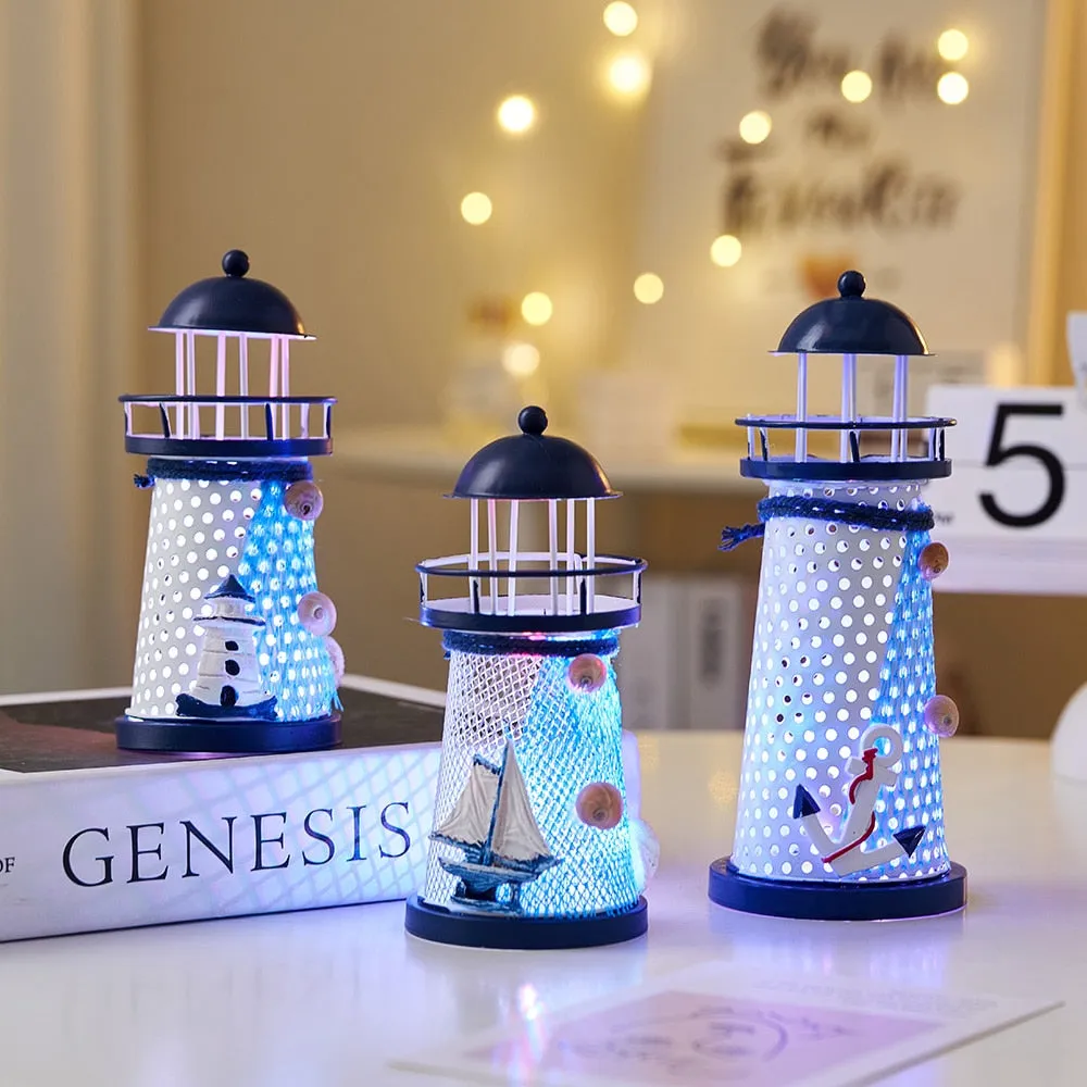 Mediterranean Style Nautical Ocean Flash Lighthouse Fishing Net Starfish Shell Metal Beacon Tower Paperweight Ornament Figurines
