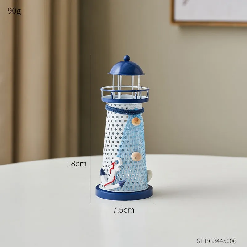 Mediterranean Style Nautical Ocean Flash Lighthouse Fishing Net Starfish Shell Metal Beacon Tower Paperweight Ornament Figurines