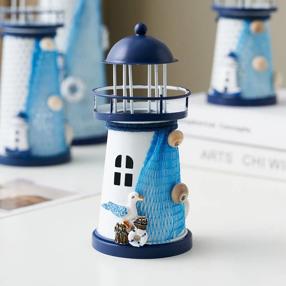 Mediterranean Style Nautical Ocean Flash Lighthouse Fishing Net Starfish Shell Metal Beacon Tower Paperweight Ornament Figurines