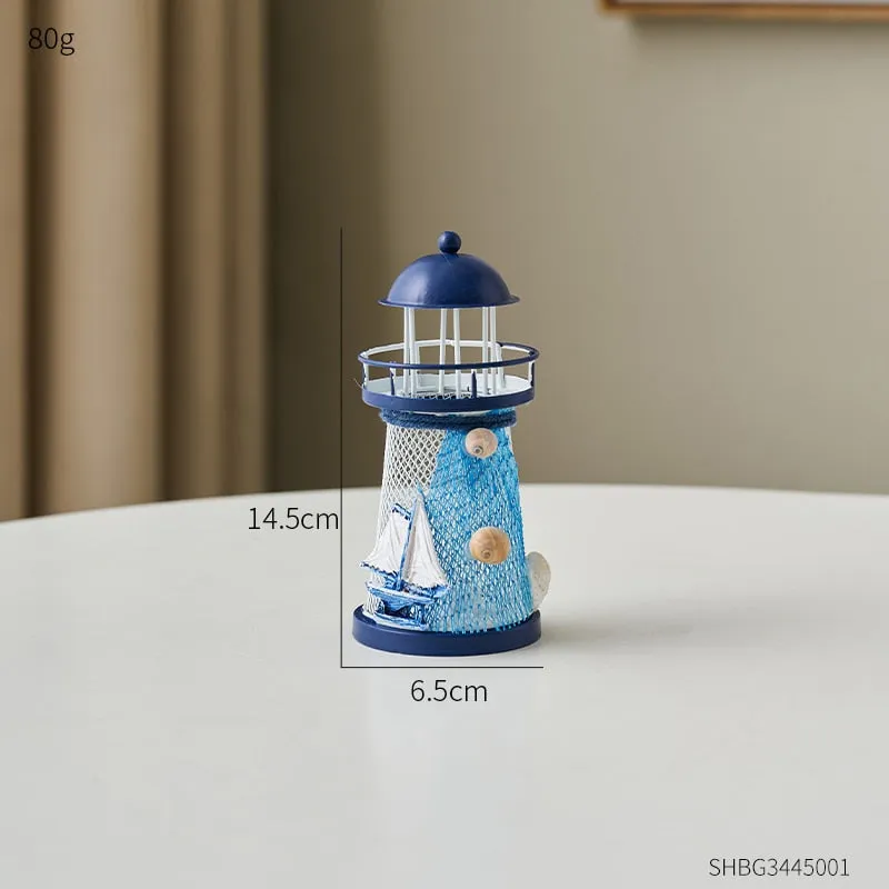 Mediterranean Style Nautical Ocean Flash Lighthouse Fishing Net Starfish Shell Metal Beacon Tower Paperweight Ornament Figurines