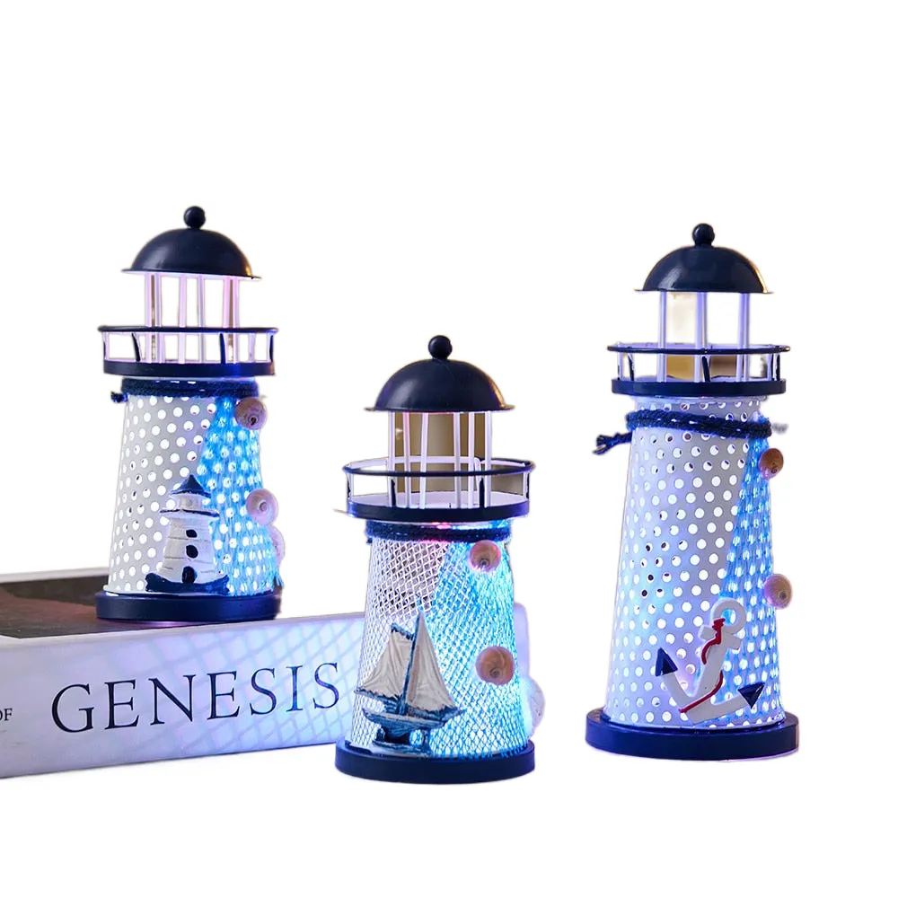 Mediterranean Style Nautical Ocean Flash Lighthouse Fishing Net Starfish Shell Metal Beacon Tower Paperweight Ornament Figurines