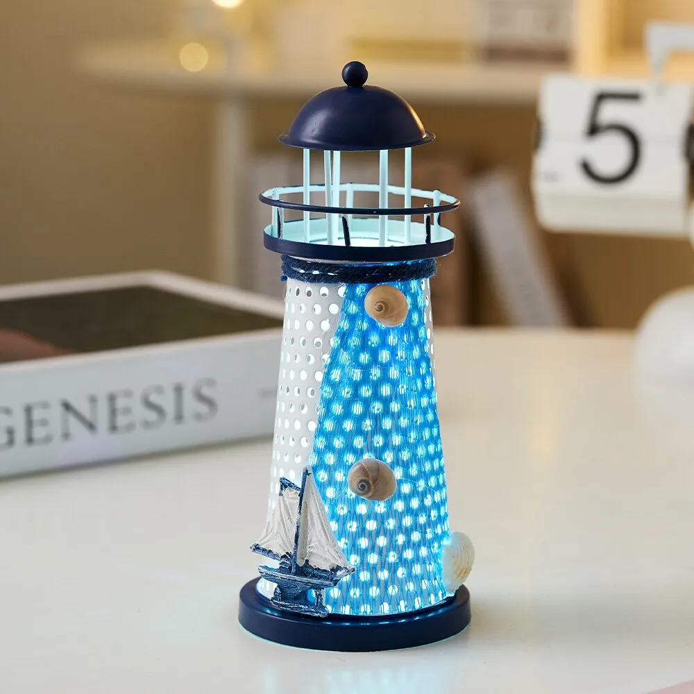 Mediterranean Style Nautical Ocean Flash Lighthouse Fishing Net Starfish Shell Metal Beacon Tower Paperweight Ornament Figurines