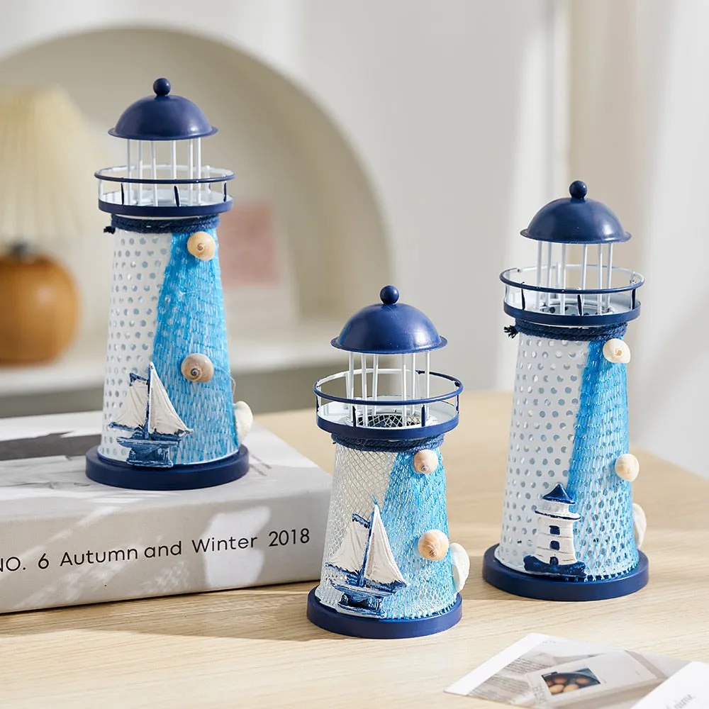 Mediterranean Style Nautical Ocean Flash Lighthouse Fishing Net Starfish Shell Metal Beacon Tower Paperweight Ornament Figurines