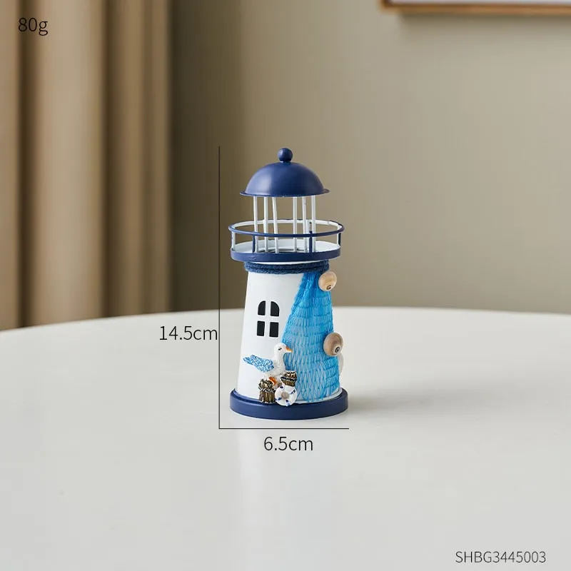 Mediterranean Style Nautical Ocean Flash Lighthouse Fishing Net Starfish Shell Metal Beacon Tower Paperweight Ornament Figurines