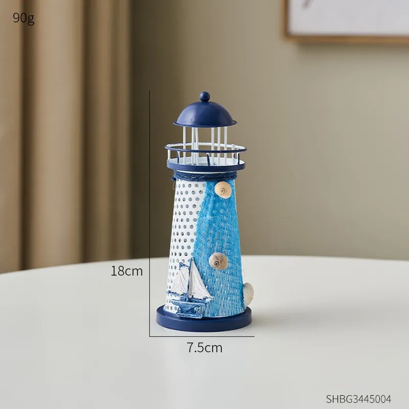 Mediterranean Style Nautical Ocean Flash Lighthouse Fishing Net Starfish Shell Metal Beacon Tower Paperweight Ornament Figurines