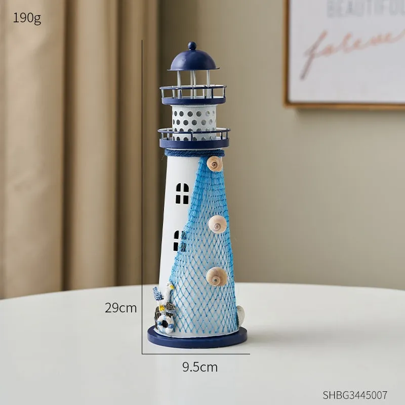Mediterranean Style Nautical Ocean Flash Lighthouse Fishing Net Starfish Shell Metal Beacon Tower Paperweight Ornament Figurines