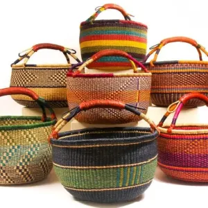 Medium Bolga Market Basket w/ Leather Wrapped Handle (Colors Vary)