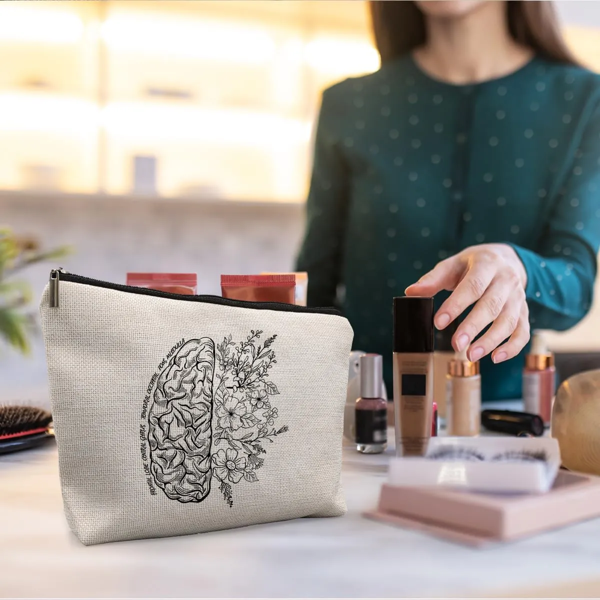 Mental Health Gifts, Floral Brain Makeup Bags for Women, Mental Health Therapist Gifts, Mental Health Cosmetic Bags for Women