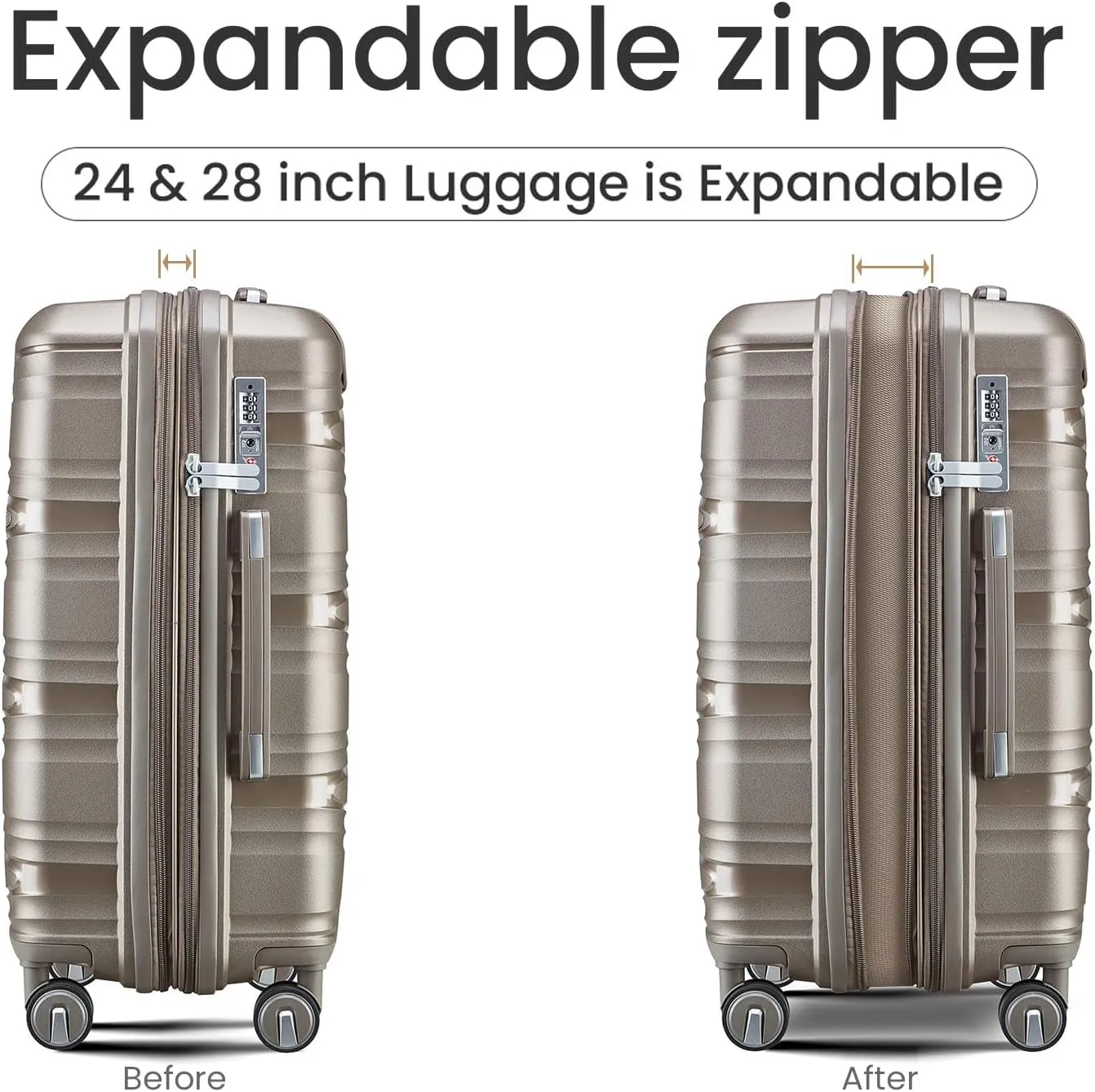 Merax 4 Piece Luggage Sets, Hard Shell Lightweight TSA Lock Carry on Expandable Suitcase with Spinner Wheels Travel Set for Men Women, 14”20”24”28”, Champagne