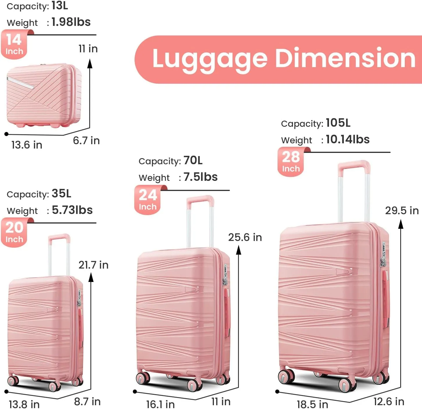 Merax 4 Piece Luggage Sets, Hard Shell Lightweight TSA Lock Carry on Expandable Suitcase with Spinner Wheels Travel Set for Men Women, 14”20”24”28”, Champagne