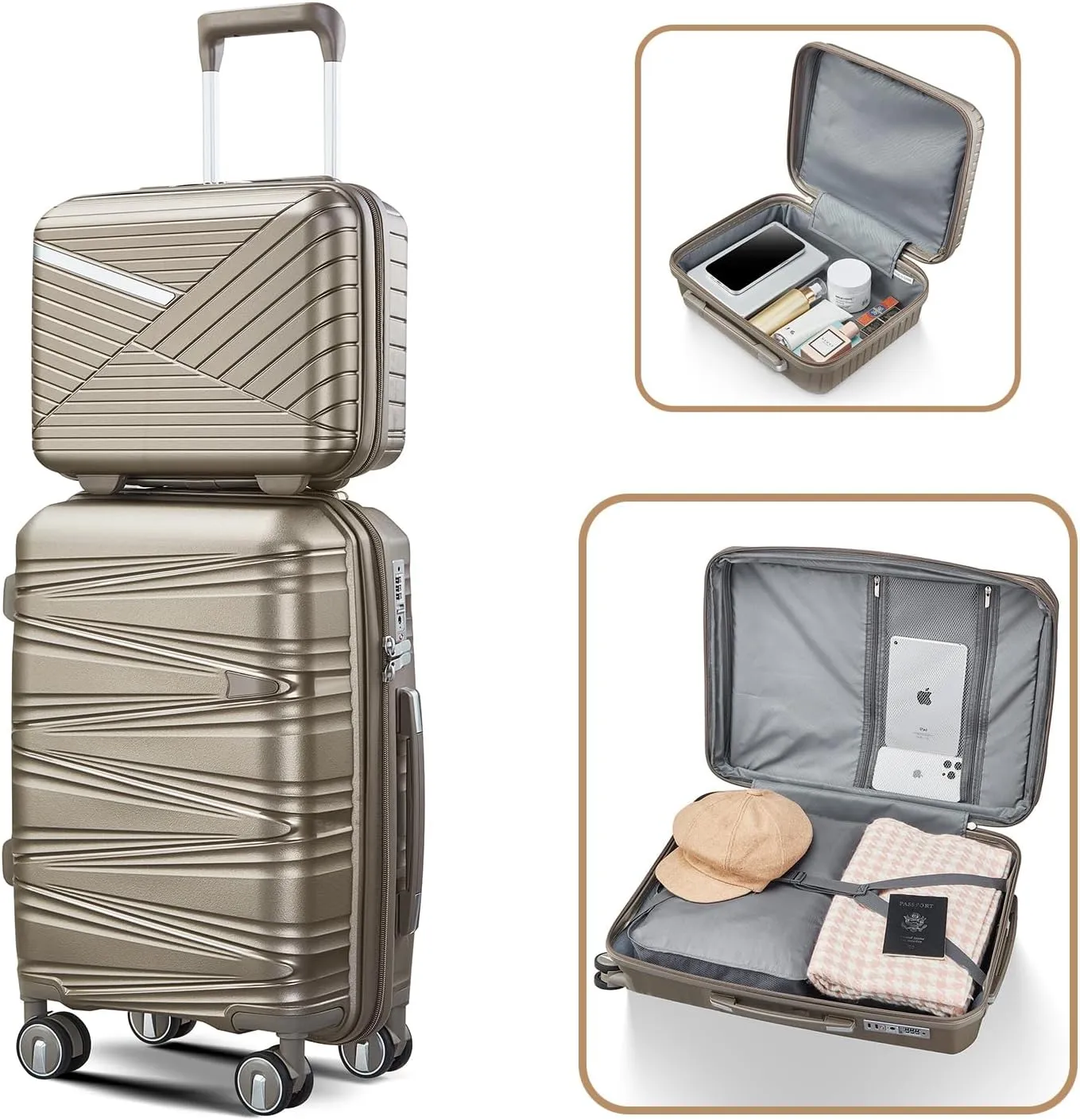Merax 4 Piece Luggage Sets, Hard Shell Lightweight TSA Lock Carry on Expandable Suitcase with Spinner Wheels Travel Set for Men Women, 14”20”24”28”, Champagne
