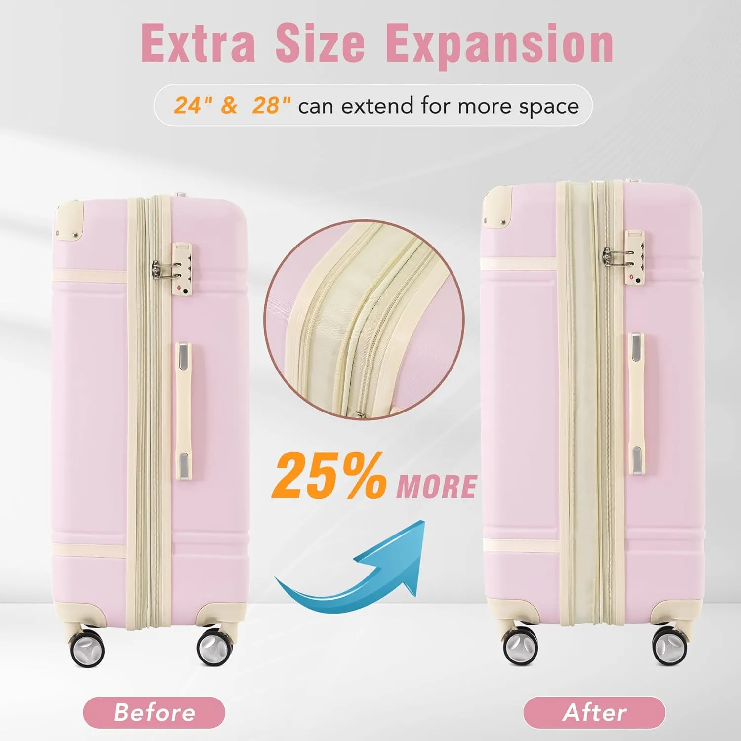 Merax 4Pc with TSA Lock ABS Suitcase Hardshell Luggage, Light Pink, 4-Piece Set