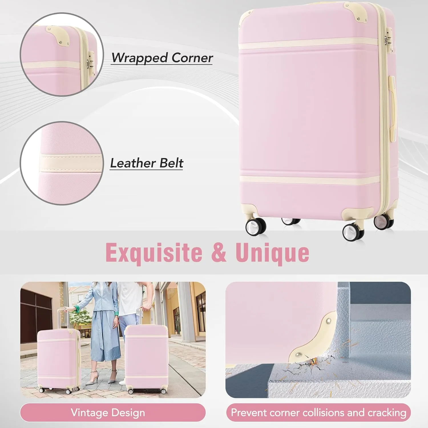 Merax 4Pc with TSA Lock ABS Suitcase Hardshell Luggage, Light Pink, 4-Piece Set