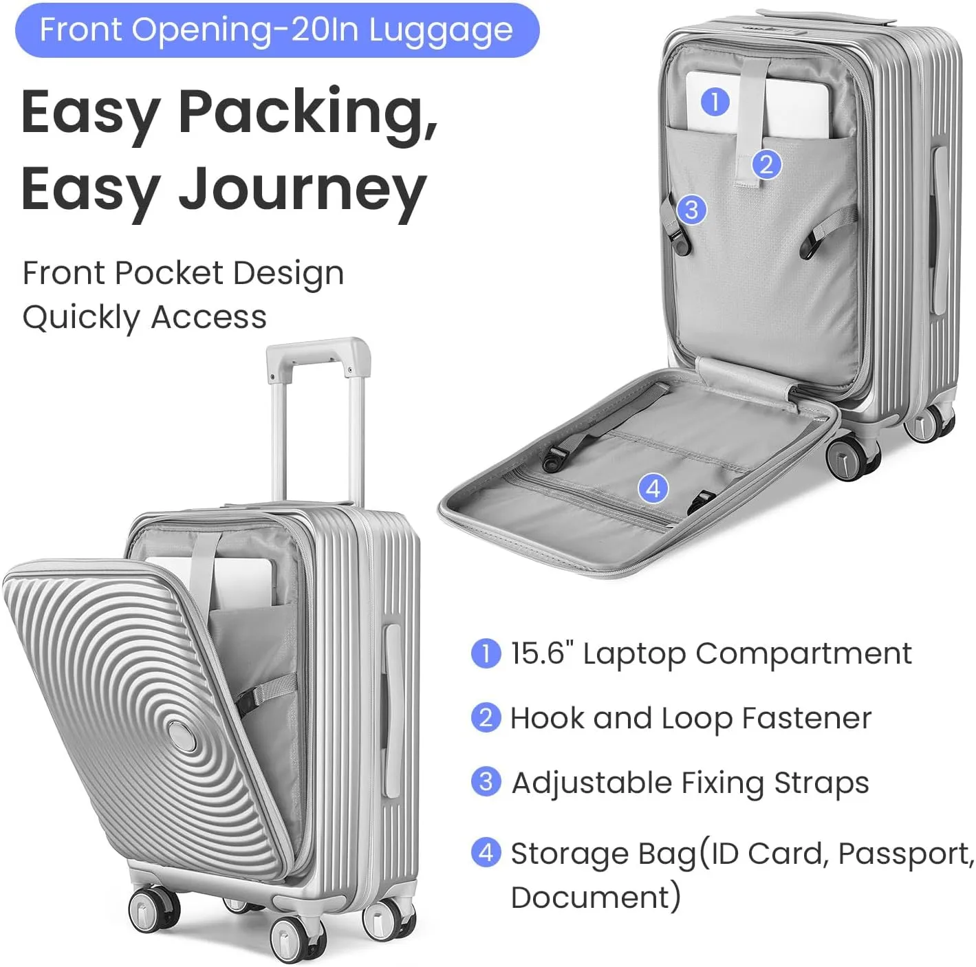 Merax Luggage Sets 3 Piece,Front Open PC Hardshell Expandable Carry on Suitcase with Spinner Wheels and TSA Lock,Lightweight 20in/24in/28in Luggage,Silver