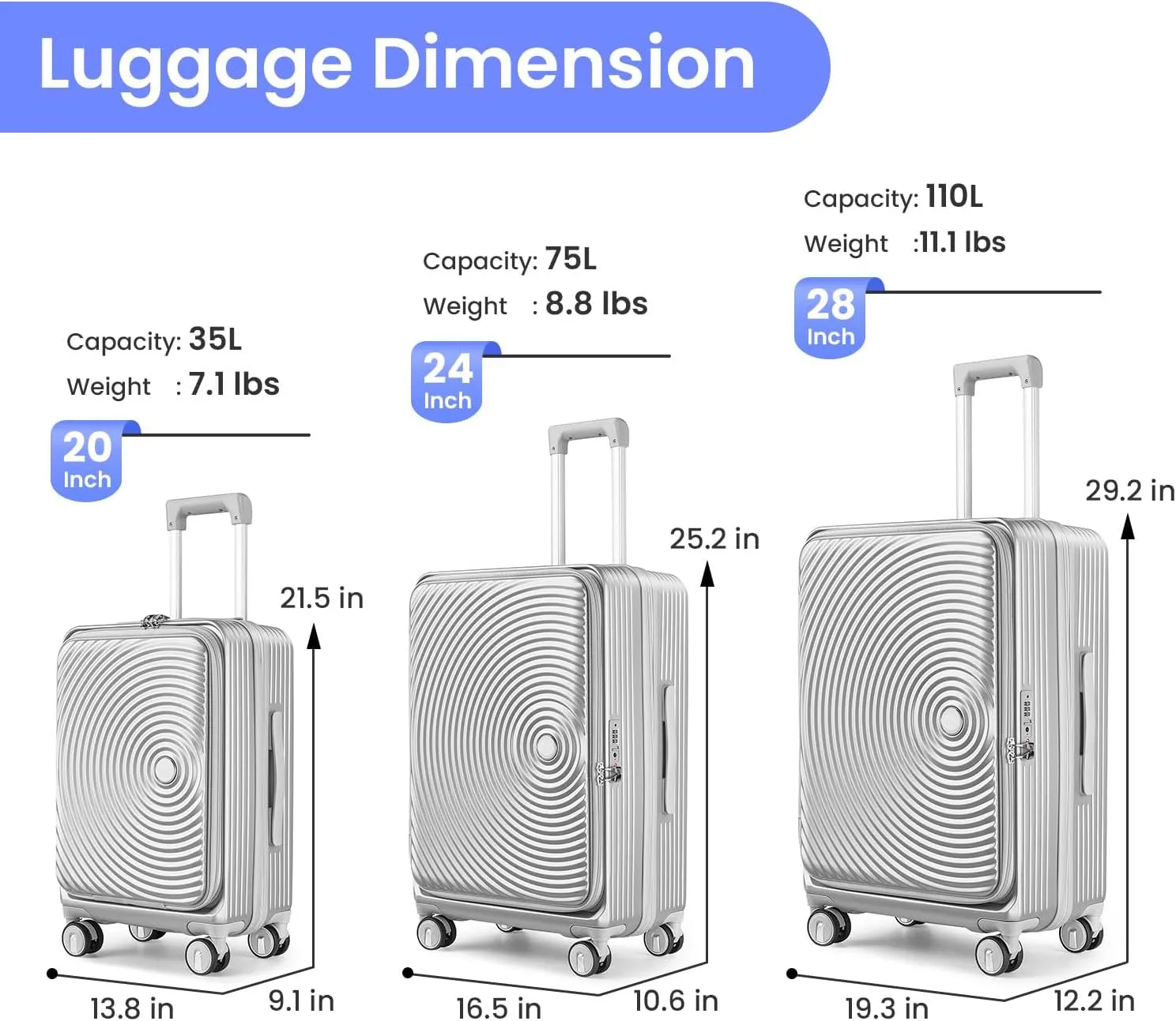 Merax Luggage Sets 3 Piece,Front Open PC Hardshell Expandable Carry on Suitcase with Spinner Wheels and TSA Lock,Lightweight 20in/24in/28in Luggage,Silver