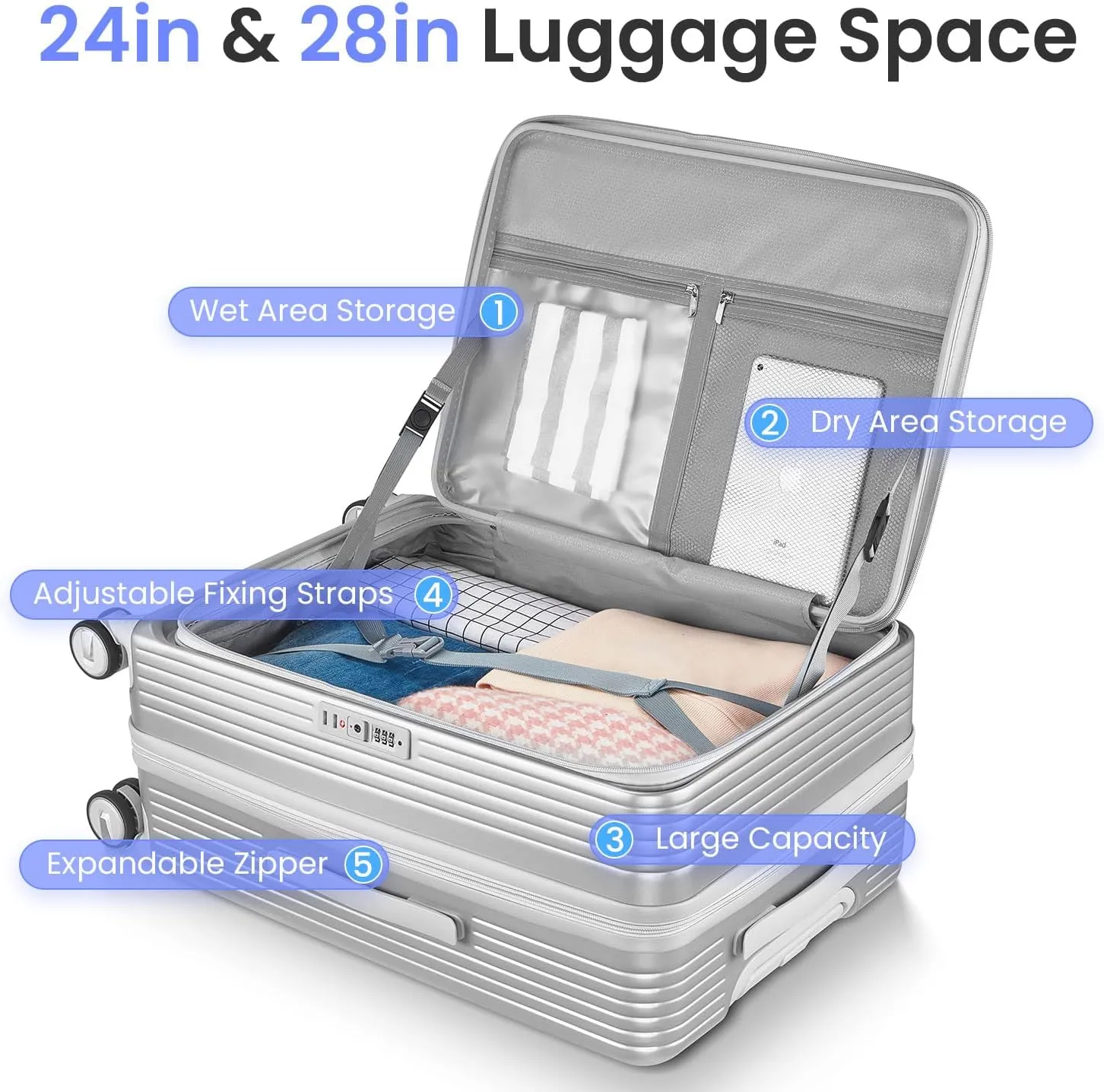 Merax Luggage Sets 3 Piece,Front Open PC Hardshell Expandable Carry on Suitcase with Spinner Wheels and TSA Lock,Lightweight 20in/24in/28in Luggage,Silver