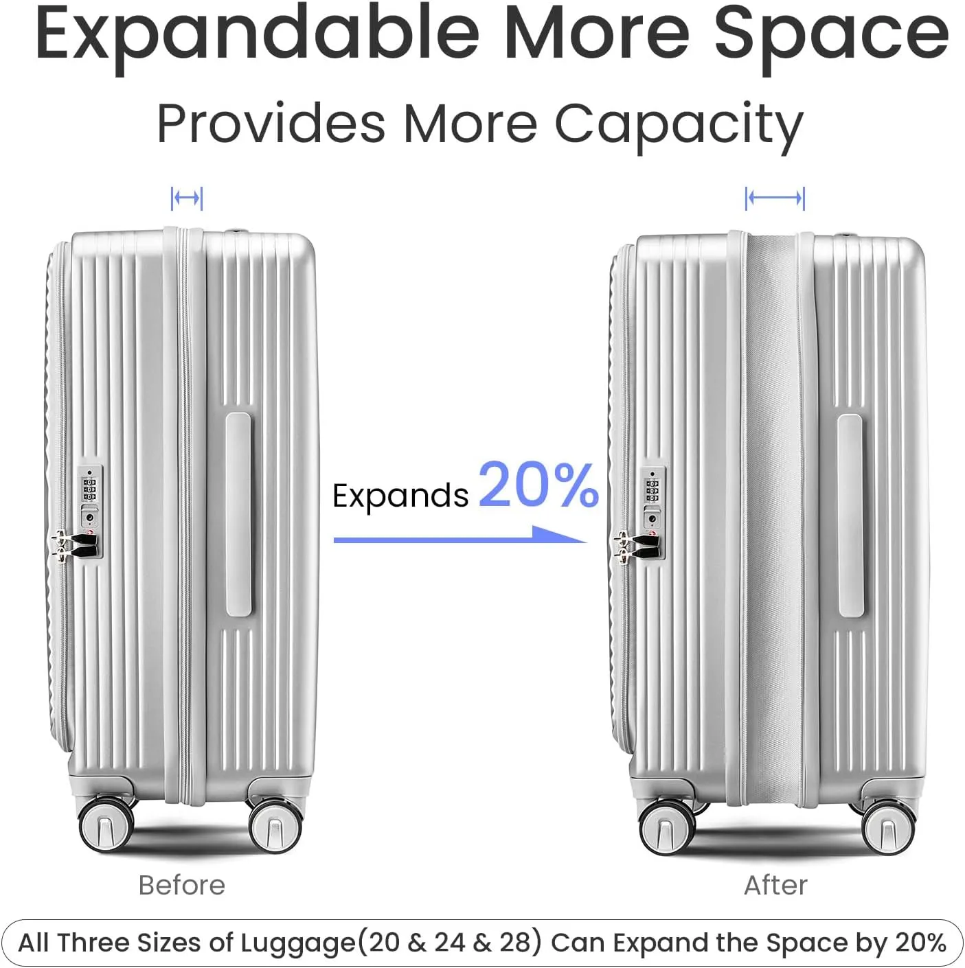 Merax Luggage Sets 3 Piece,Front Open PC Hardshell Expandable Carry on Suitcase with Spinner Wheels and TSA Lock,Lightweight 20in/24in/28in Luggage,Silver