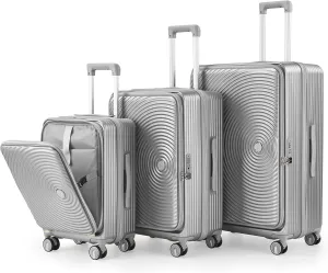 Merax Luggage Sets 3 Piece,Front Open PC Hardshell Expandable Carry on Suitcase with Spinner Wheels and TSA Lock,Lightweight 20in/24in/28in Luggage,Silver