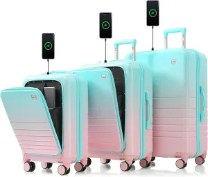 Merax Set of 3, ABS Hardside Luggage Sets TSA Lock Spinner Wheel Suit Cases, Light Blue and Pink, 20/24/28 Inch