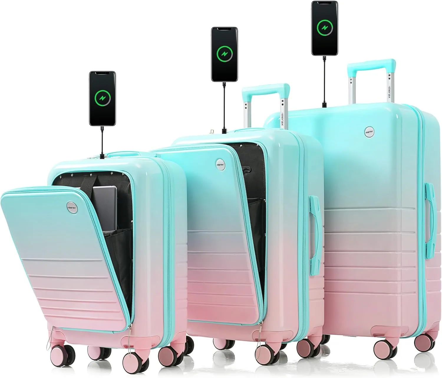 Merax Set of 3, ABS Hardside Luggage Sets TSA Lock Spinner Wheel Suit Cases, Light Blue and Pink, 20/24/28 Inch