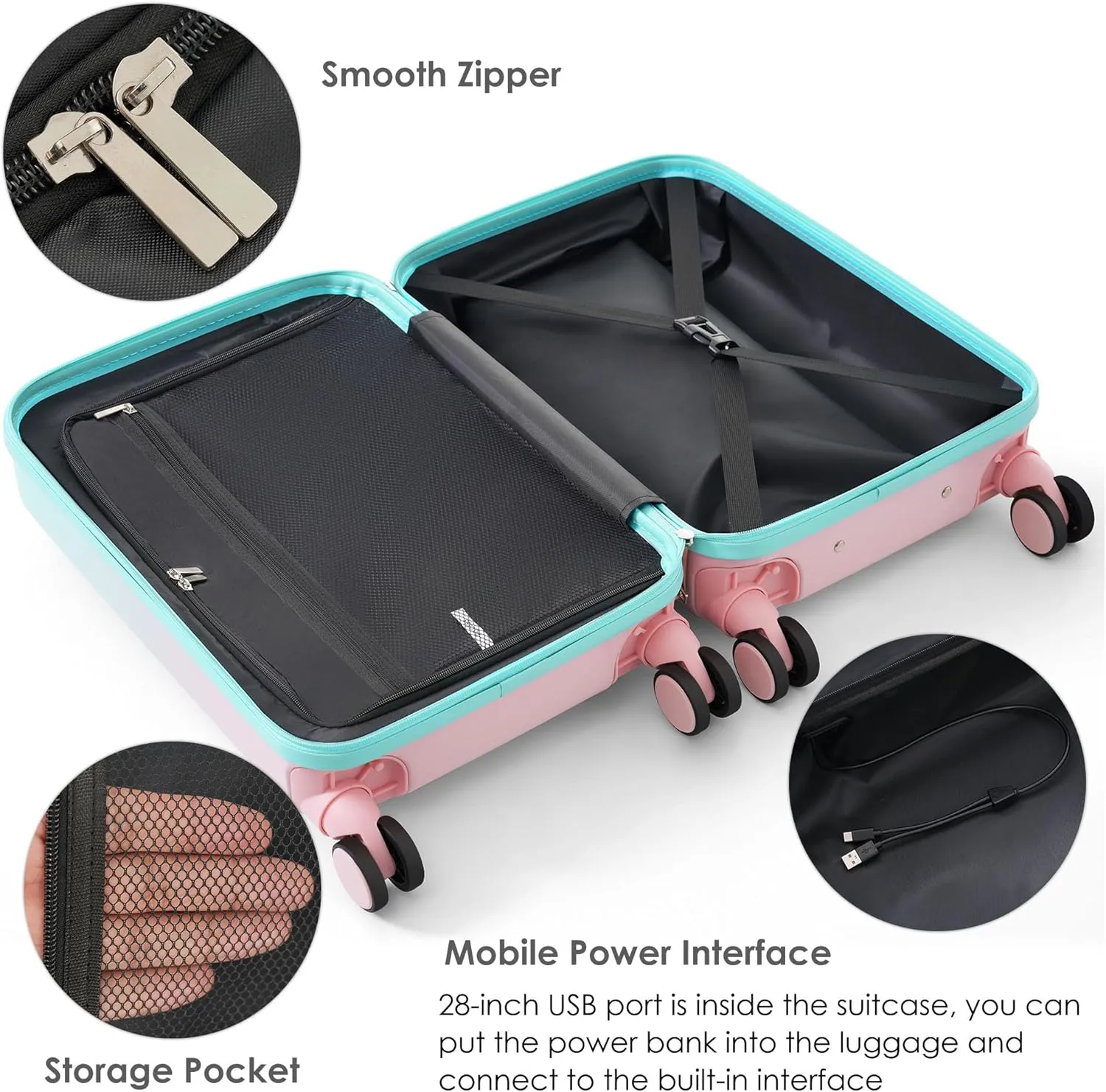 Merax Set of 3, ABS Hardside Luggage Sets TSA Lock Spinner Wheel Suit Cases, Light Blue and Pink, 20/24/28 Inch