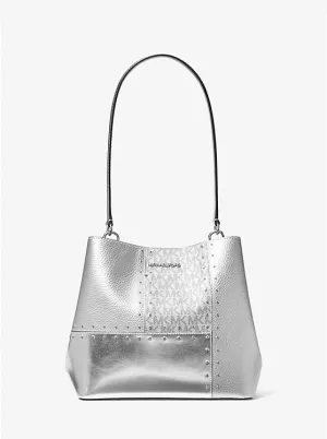 Micheal Kors Pratt Medium Studded Metallic Patchwork and Signature Logo Shoulder Bag Silver