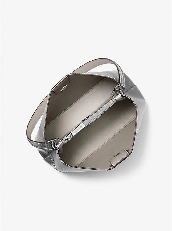 Micheal Kors Pratt Medium Studded Metallic Patchwork and Signature Logo Shoulder Bag Silver