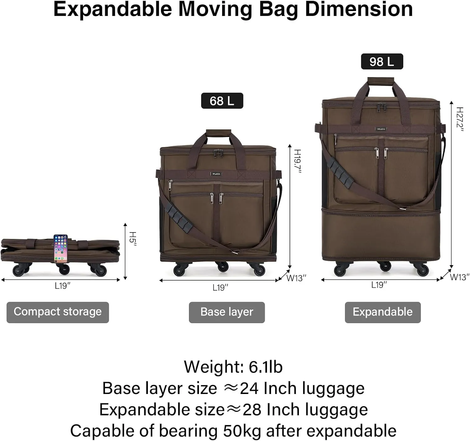 MILADA Moving Boxes for Packaging Moving Bags Expandable Moving Boxes Medium and 98 L Large with Five Wheels and Detachable Shoulder Strap Moving Storage Bags also for Travel, Coffee