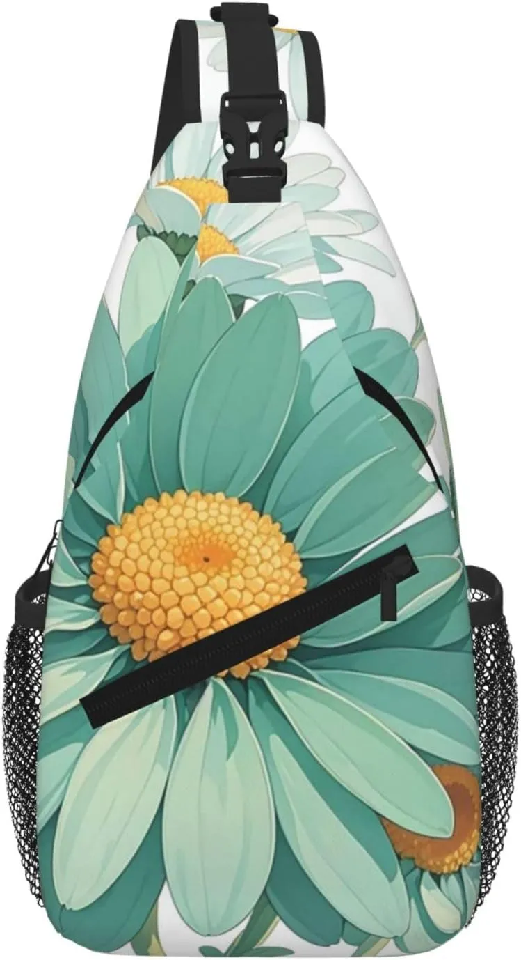 Mint Green Watercolor Daisy Sling Bag For Women Men Travel Hiking Backpack Crossbody Shoulder Chest Bags Casual Daypack