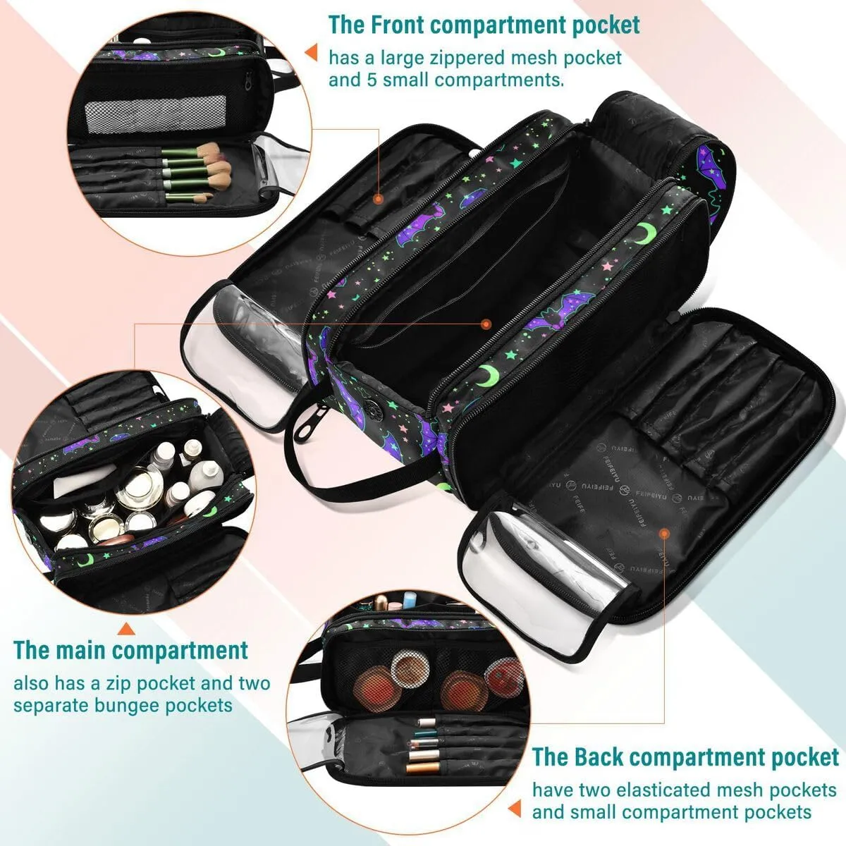 MNSRUU Magic Galaxy Bat Makeup Bag - Large Capacity Cosmetic Organizer, Portable Toiletry Bag for Travel Size