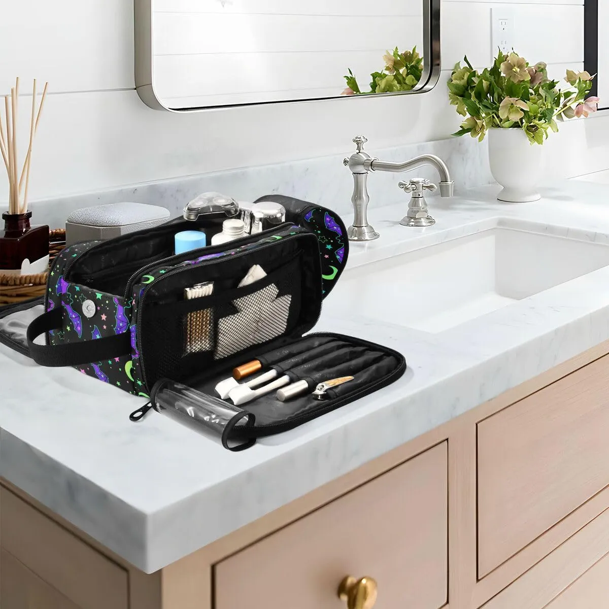 MNSRUU Magic Galaxy Bat Makeup Bag - Large Capacity Cosmetic Organizer, Portable Toiletry Bag for Travel Size
