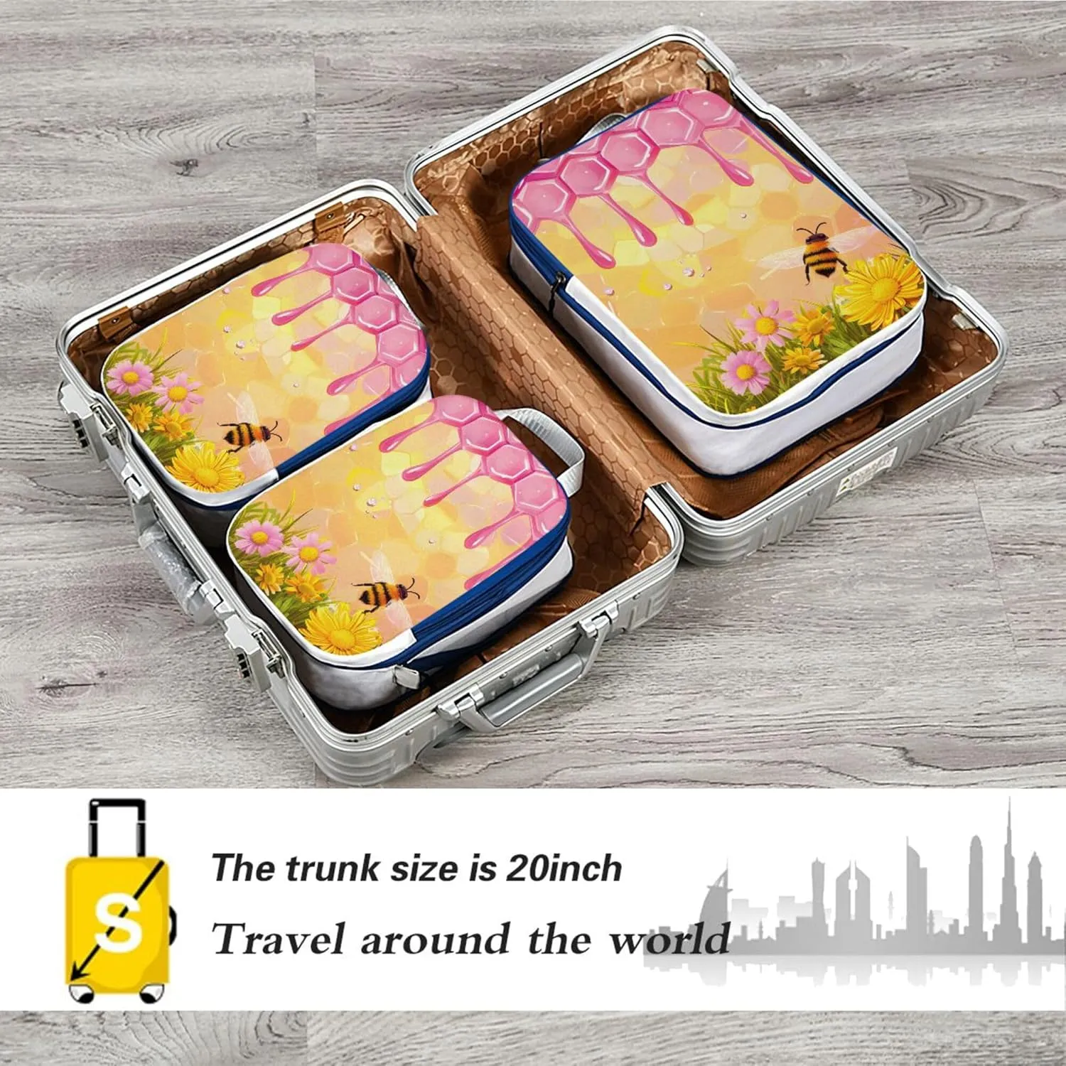 MNSRUU Packing Cubes Magic Cartoon Bees and Flowers Compression Luggage Cubes Packing Bags Travel Organizer for Suitcases, 3 PCS